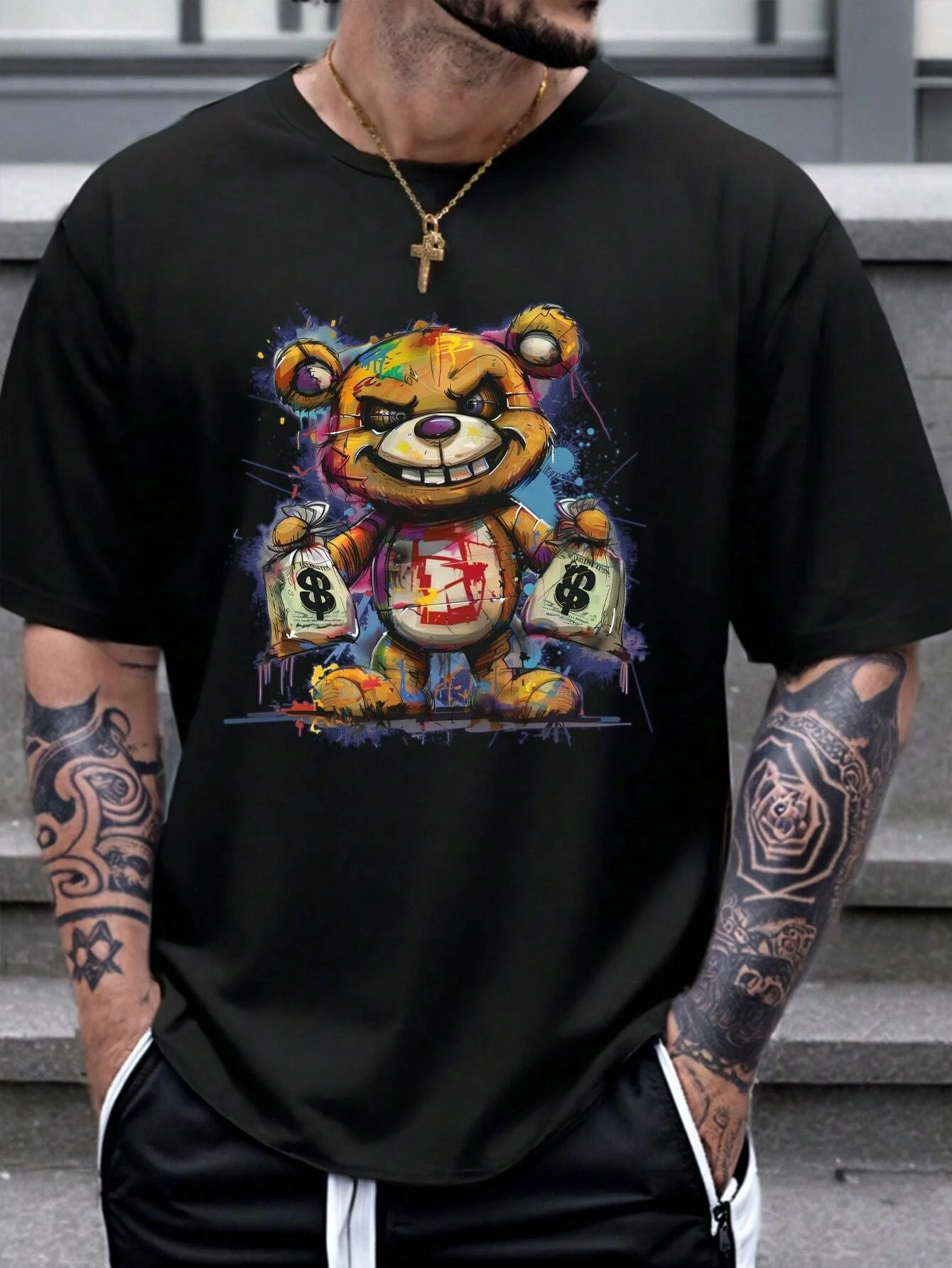 Men\'s 100% cotton summer loose size Cartoon Bear Pattern printed slim fit casual sports round neck short sleeved T-shirt top