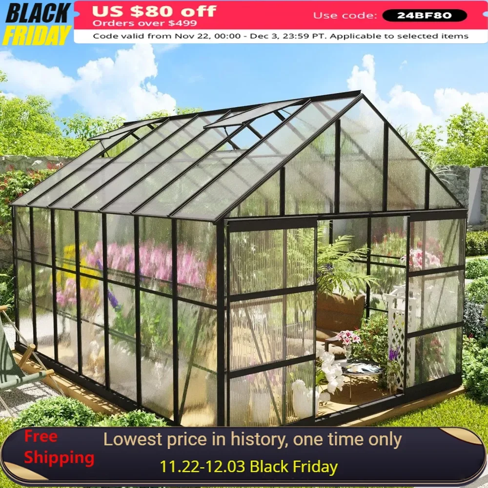 

10x14 FT Greenhouse with 4 Roof Vent Windows and Lockable Double Doors, Outdoor Aluminum Polycarbonate Walk-in Greenhouse