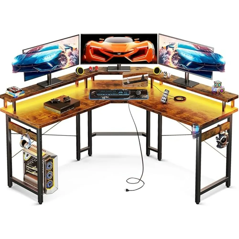 Mesa de computador com luzes LED e tomadas de energia, mesa de jogos de 51 polegadas com suporte completo para monitor, mesa de canto com suporte para copos e ganchos