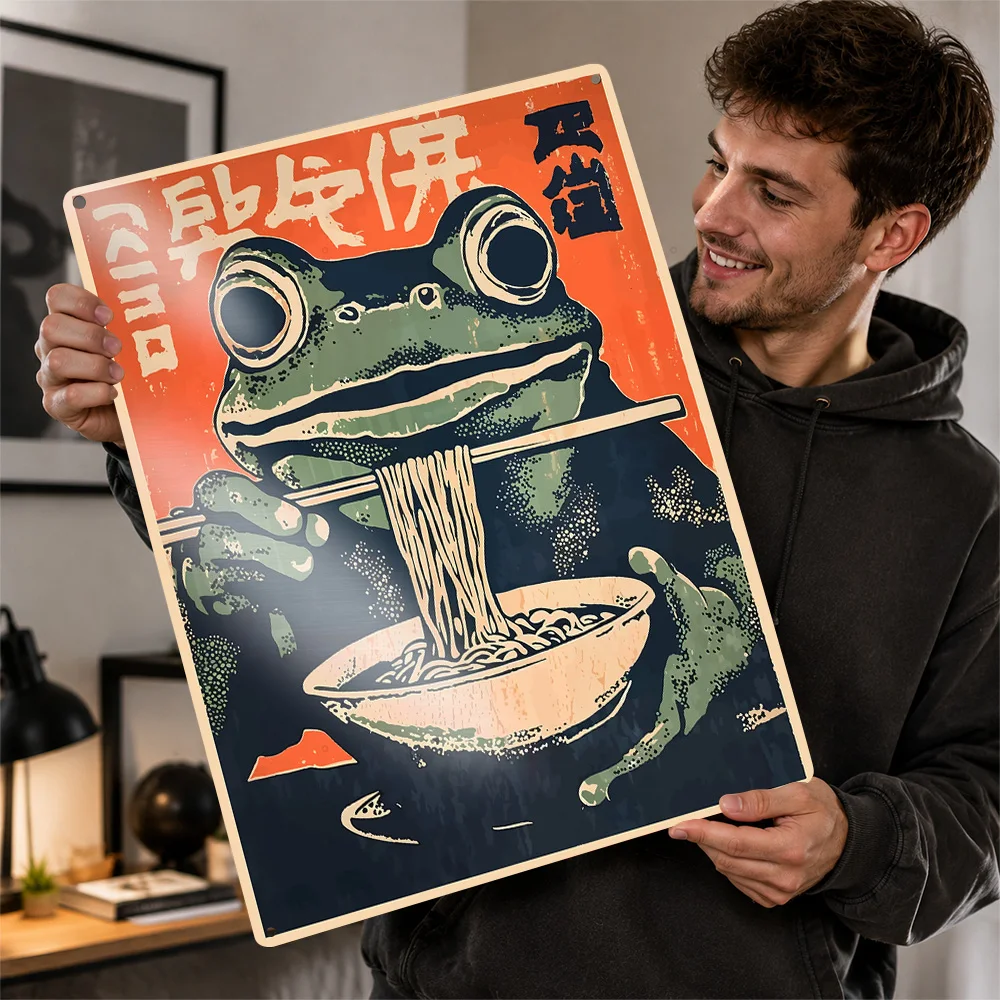 Frog Eating Noodles Japanese Textured Metal Poster Retro Illustrated Wall Art For Cafe Personalized Aluminum Sign Birthday Gift
