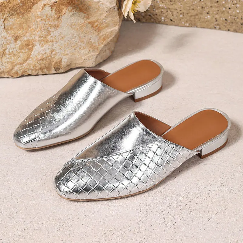 Shimmery Metallic Gold Silver Closed Toe Women Summer Slides Sandals Square Low Heels Slip-on Casual Mules Slippers Big Size 45