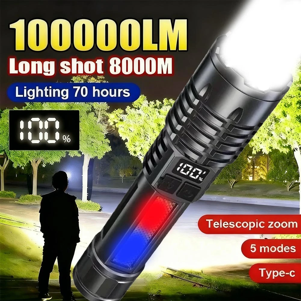 Rechargeable LED Flashlights Portable Red Blue Warning Light Zoom Tactical Torch Display Screen Lamp for Lantern Outdoor Camping