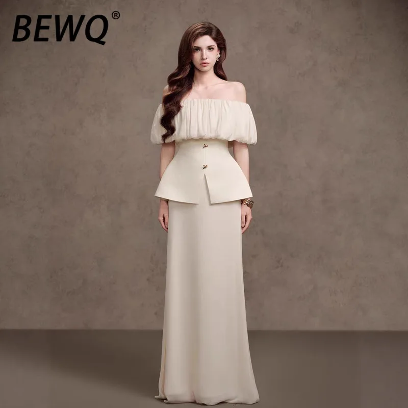 

BEWQ модный женский комплект из 2 предметов без бретелек с оборками на талии, дизайнерские топы, однотонная свободная юбка, вечерний костюм, новинка осени 2023 г.