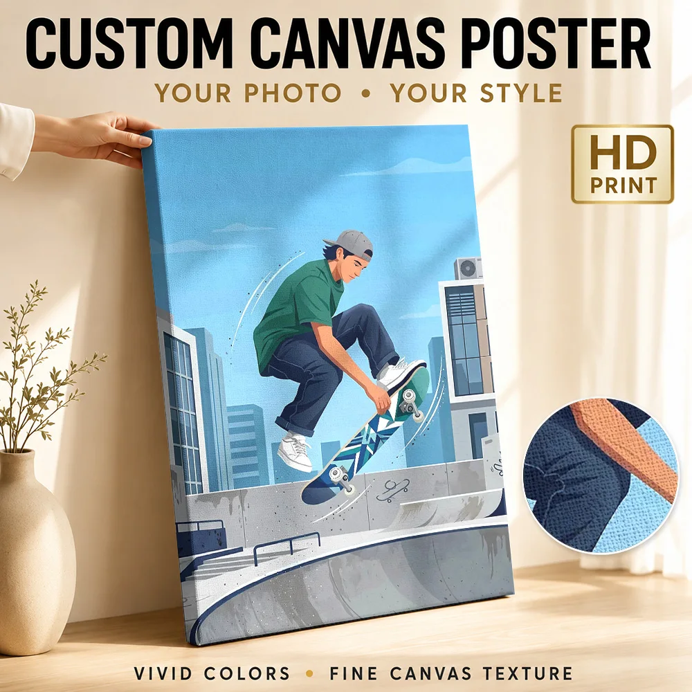 Skateboarder performing a trick in a skatepark Canvas Painting Poster Custom Photo Sports Portrait Wall Art for Man Cave Decor