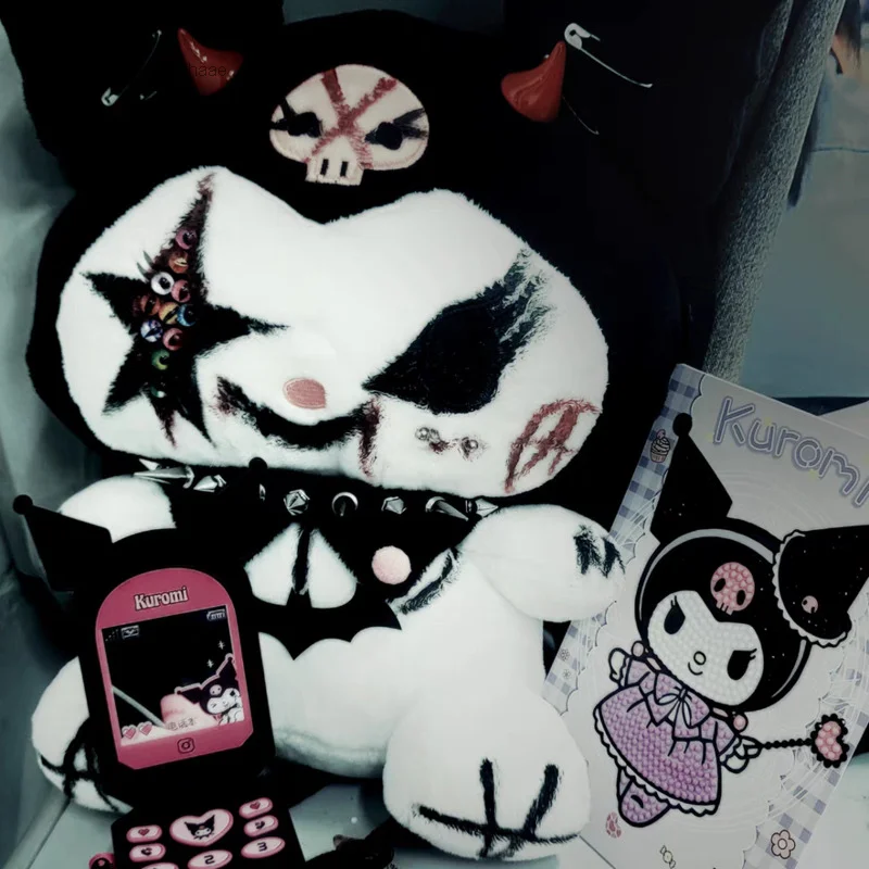 Sanrio Kuromi Melody Shoulder Bag para mulheres, desenhado à mão, rua gótica escura, menina picante, mochila de pelúcia, punk americano, engraçado,