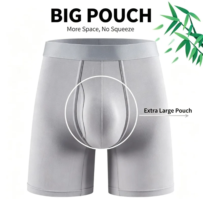 Big Pouch Men Bamboo Fiber Boxer Briefs Breathable Underwear With Fly Opening Mid Waist Sports Trunks Moisture Wicking Soft Cool