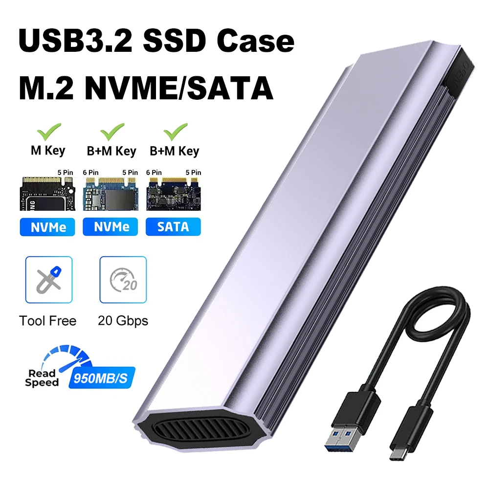 M2 SSD Case M.2 NVMe SATA SSD Enclosure USB 3.2 Type C Gen2 20Gbps Aluminum Alloy Tool Free M.2 NVMe NGFF Solid State Drive Box