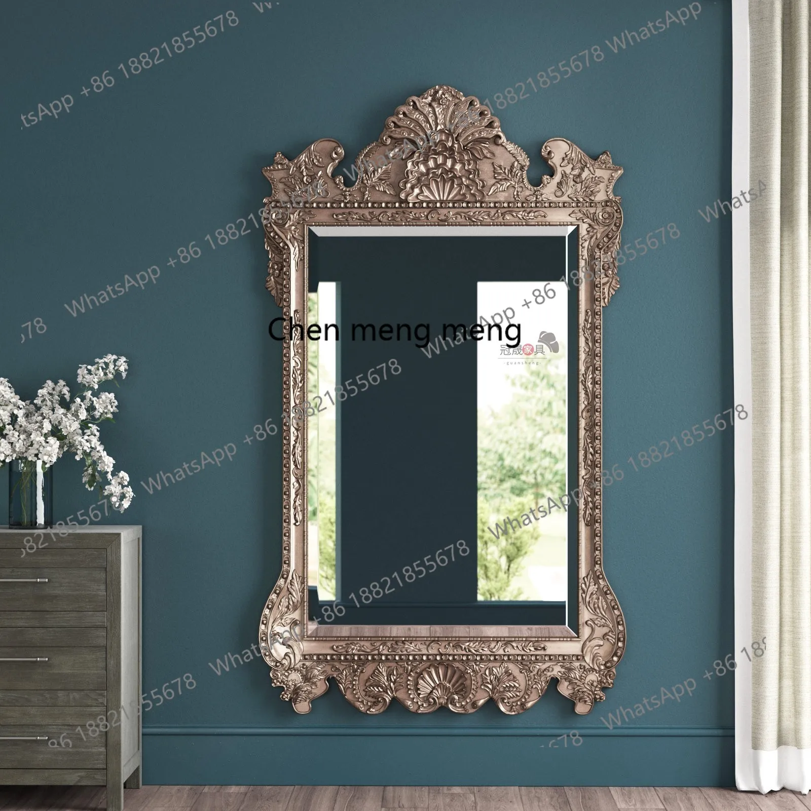 French Retro Floor Mirror for Home Use, Wall-Mounted Carved Full-Length European Classical Dressing Mirror