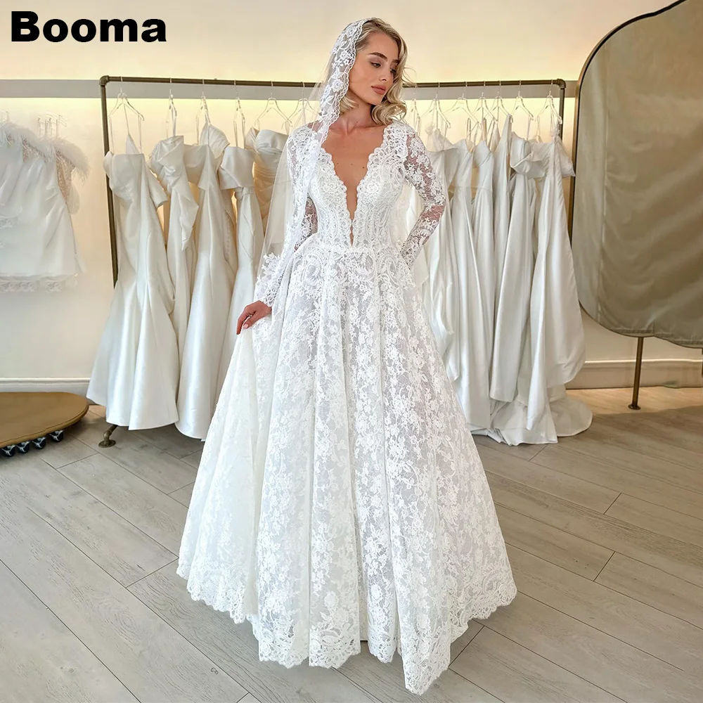 Booma A Line Elegant Wedding Dresses Deep V Neck Long Sleeves Lace Bride Gowns for Women Party Floor Length Bridals Dresses 2023