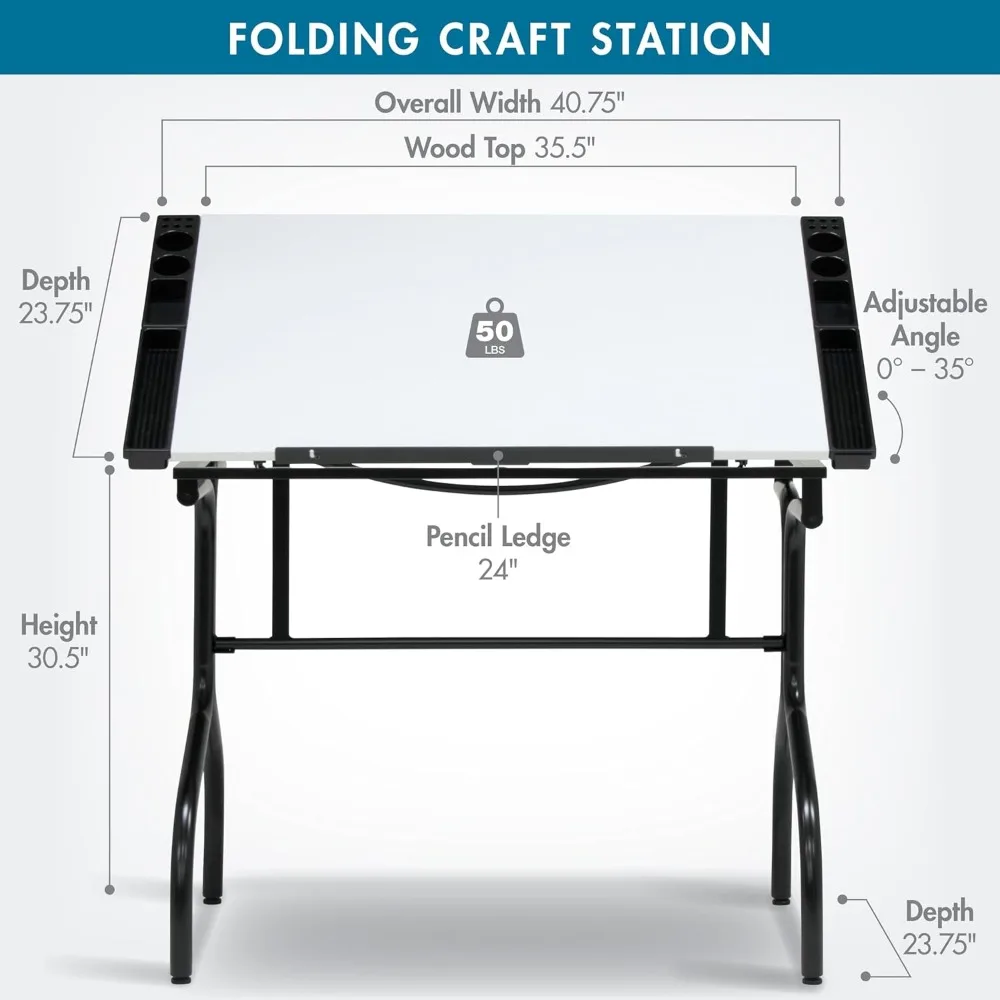 Adjustable Modern Folding Craft Table, 35.25 Wide x 23.75 Deep, Black and White