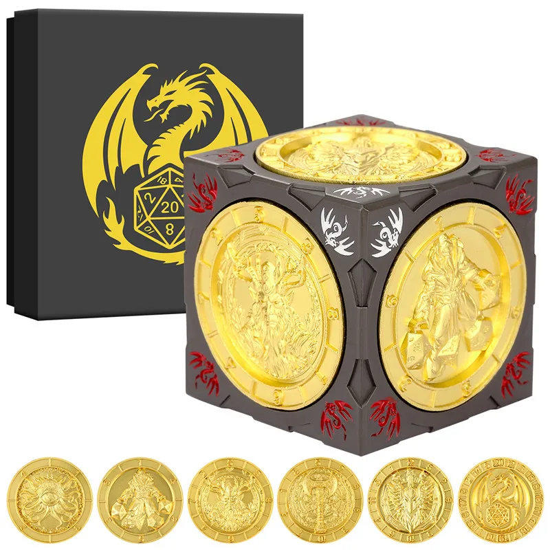 نرد ريترو قابل للدوران مع ستة أنماط D4/d6D/d8/d10/d12/d20 نردات معدنية متعددة السطوح 7 في 1 لمجموعة ألعاب لعب الأدوار آر بي جي