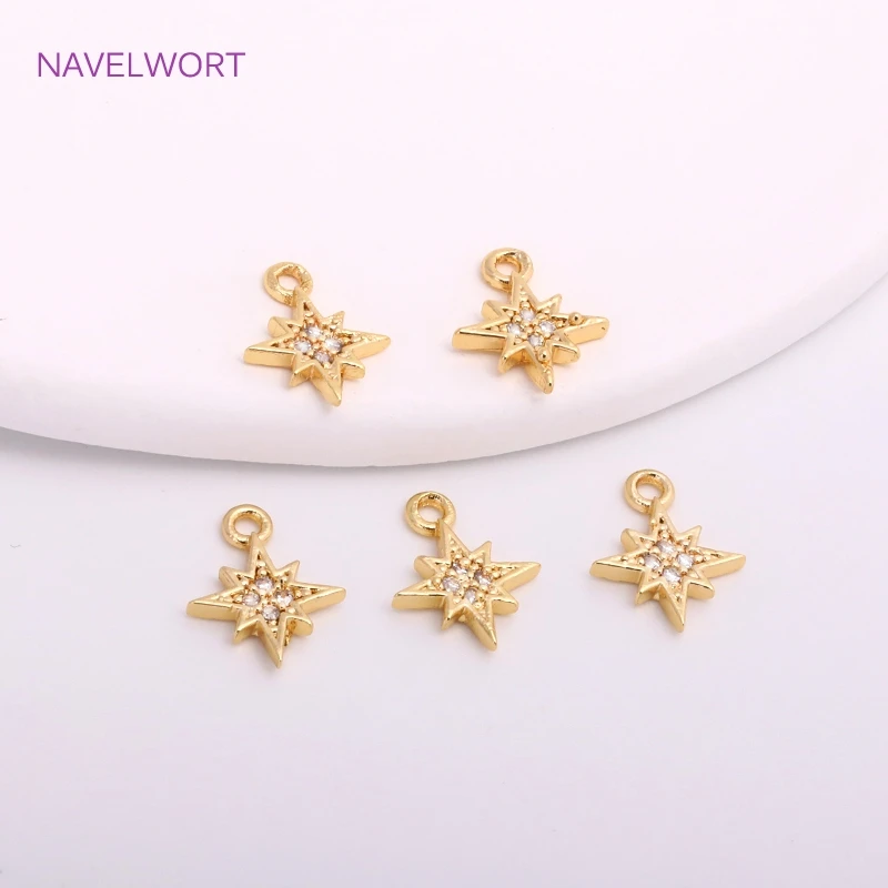 14K Gold Plated Mini North Star Pendants For Earring Making Brass Metal Inlaid Zircon Star Charms DIY Jewelry Making Accessories