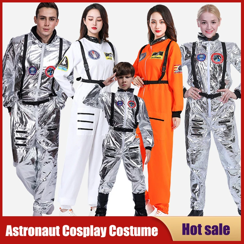 

Adult Children Astronaut Costume Unisex Silver Spaceman Suit Men Women Space Role Play Fancy Dress Up Family Party Birthday Gift