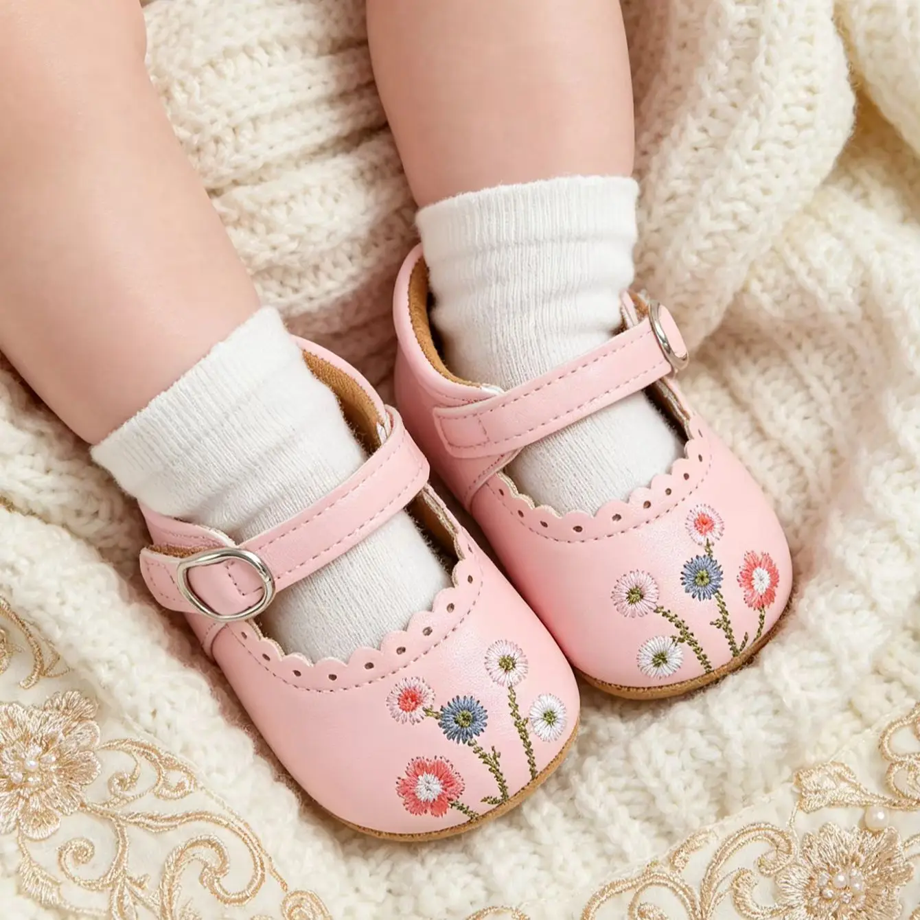 

Baby shoes pink floral embroidery summer baby wedding dress breathable flat shoes newborn children's shoes