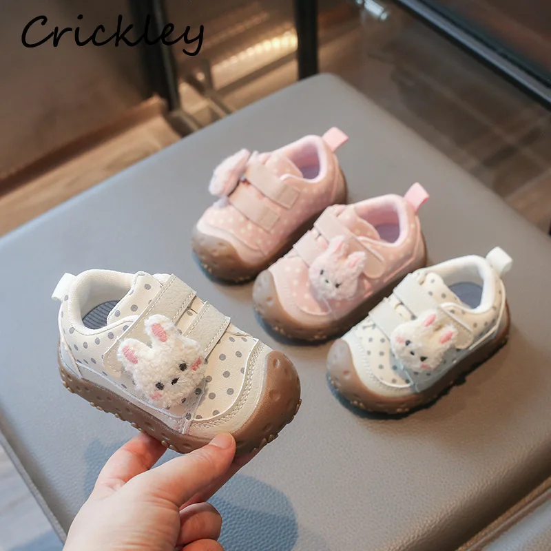 Cute Rabbit Baby Girls Sneakers Cartoon Dot PU Toddler Kids Casual Shoes Hook Loop Non Slip First Walk Shoes For Children