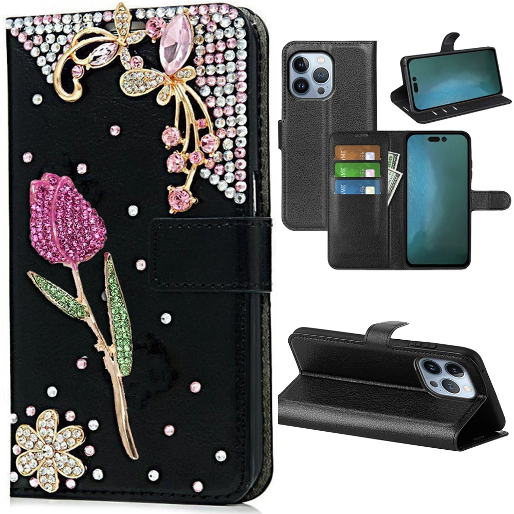 Luxury retro card holder leather case for iPhone 11 12 13 14 15 Pro Max Plus X XR XS XSMax bling flip stand protective case