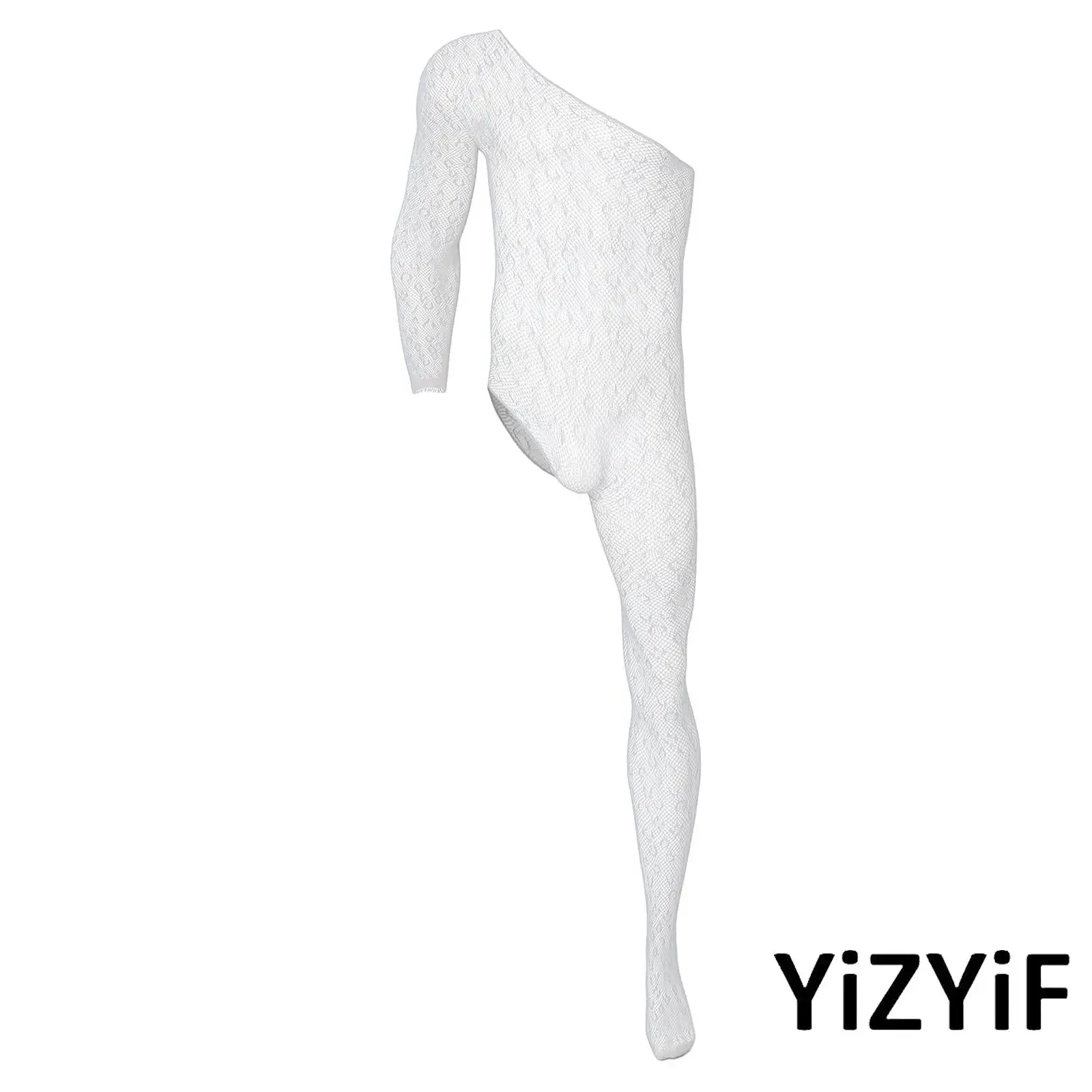 

Men See-Through Unitard with Single Long Sleeve And Leg Asymmetrical Jumpsuit Footed Stretchy Bodysuit Clubwear for Nightlife