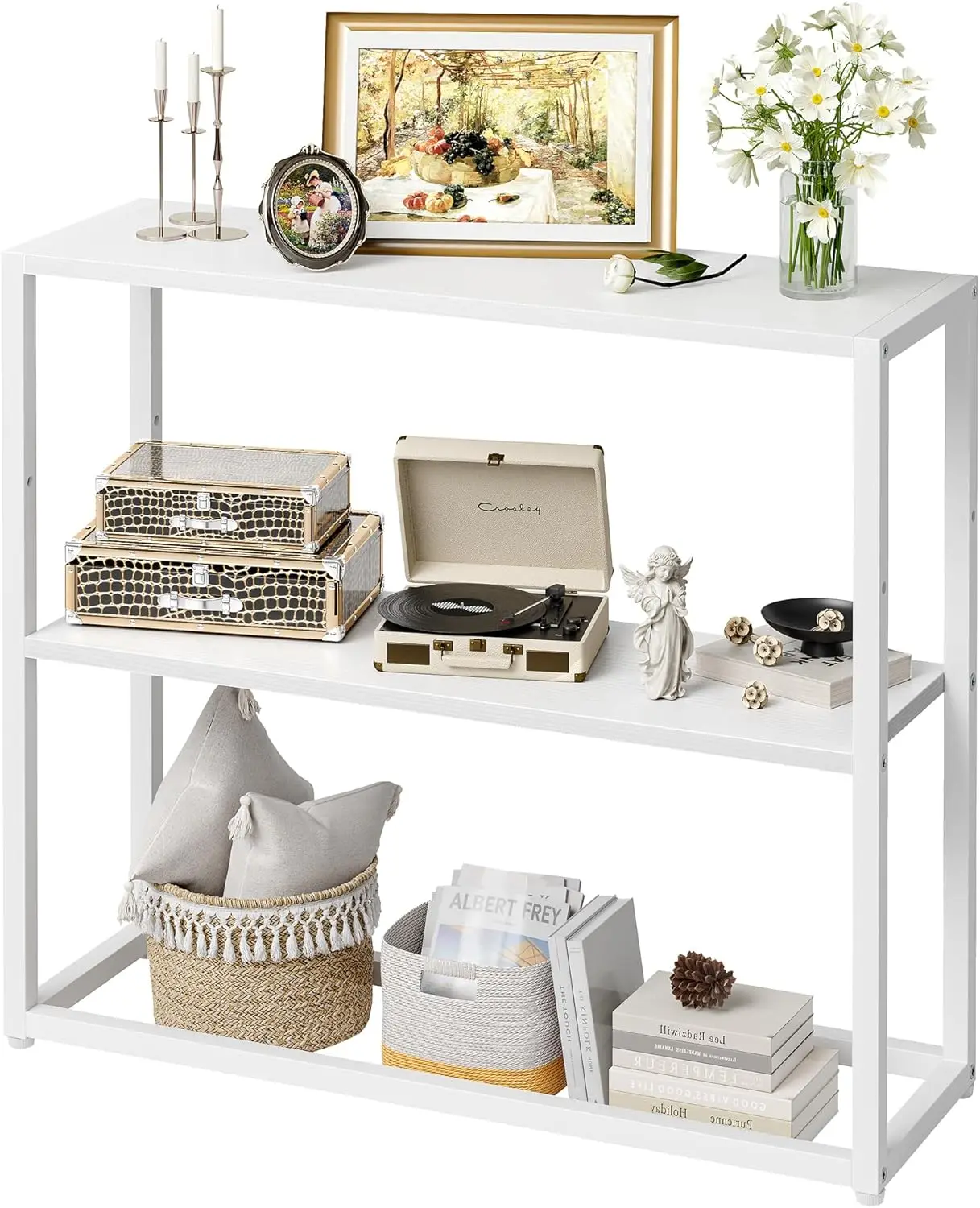 

Узкий консольный столик с полками, приставной столик для гостиной, прихожей, небольших помещений, белый цвет