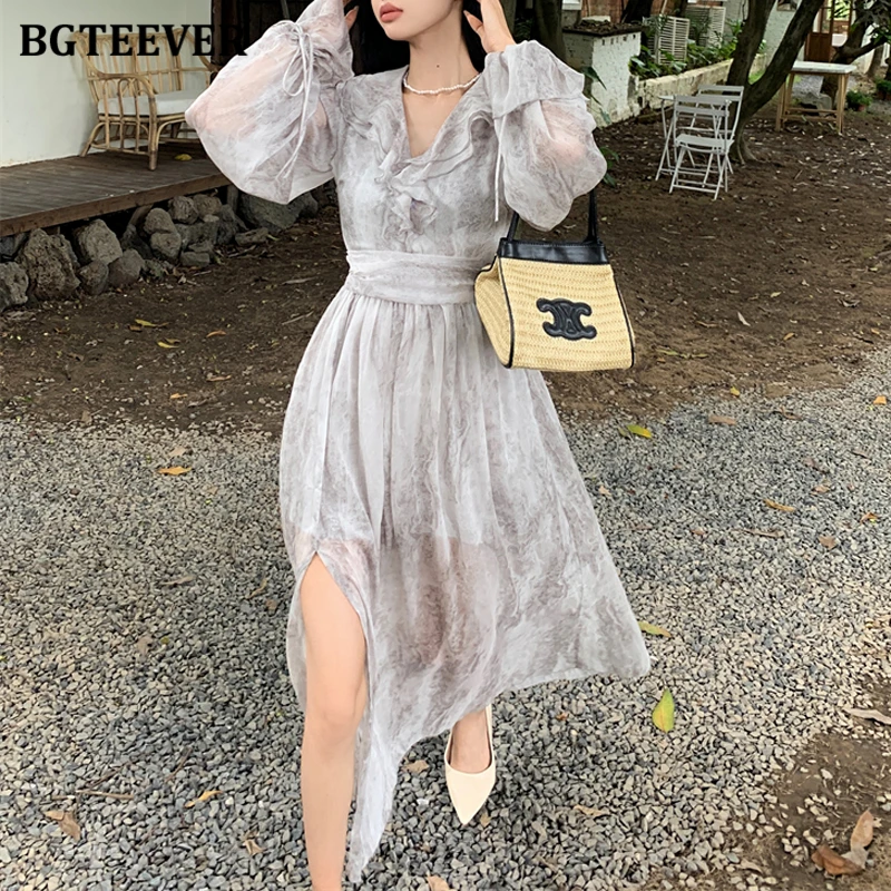 BGTEEVER Vintage Ruffles V-neck Women Floral Dress Elegant Full Sleeve Slim Waist Split A-line Ladies Long Dress Spring Summer