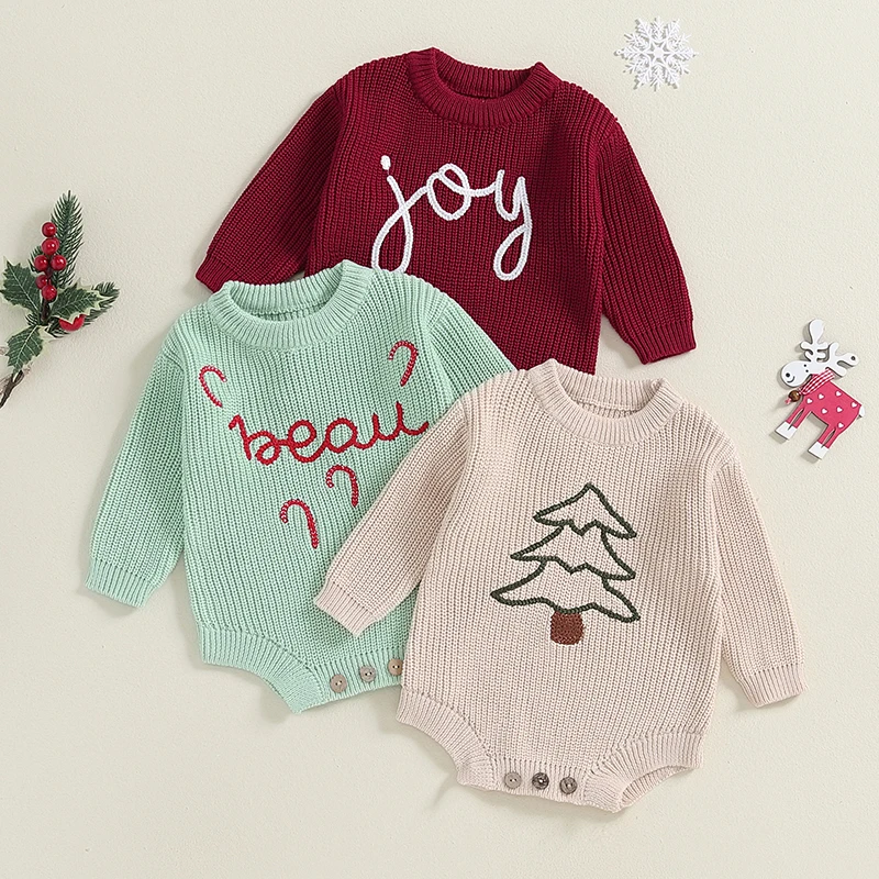 

Baby Girls Boys Christmas Knit Romper Letter Embroidery Long Sleeve Crew Neck Sweater Bubble Bodysuit