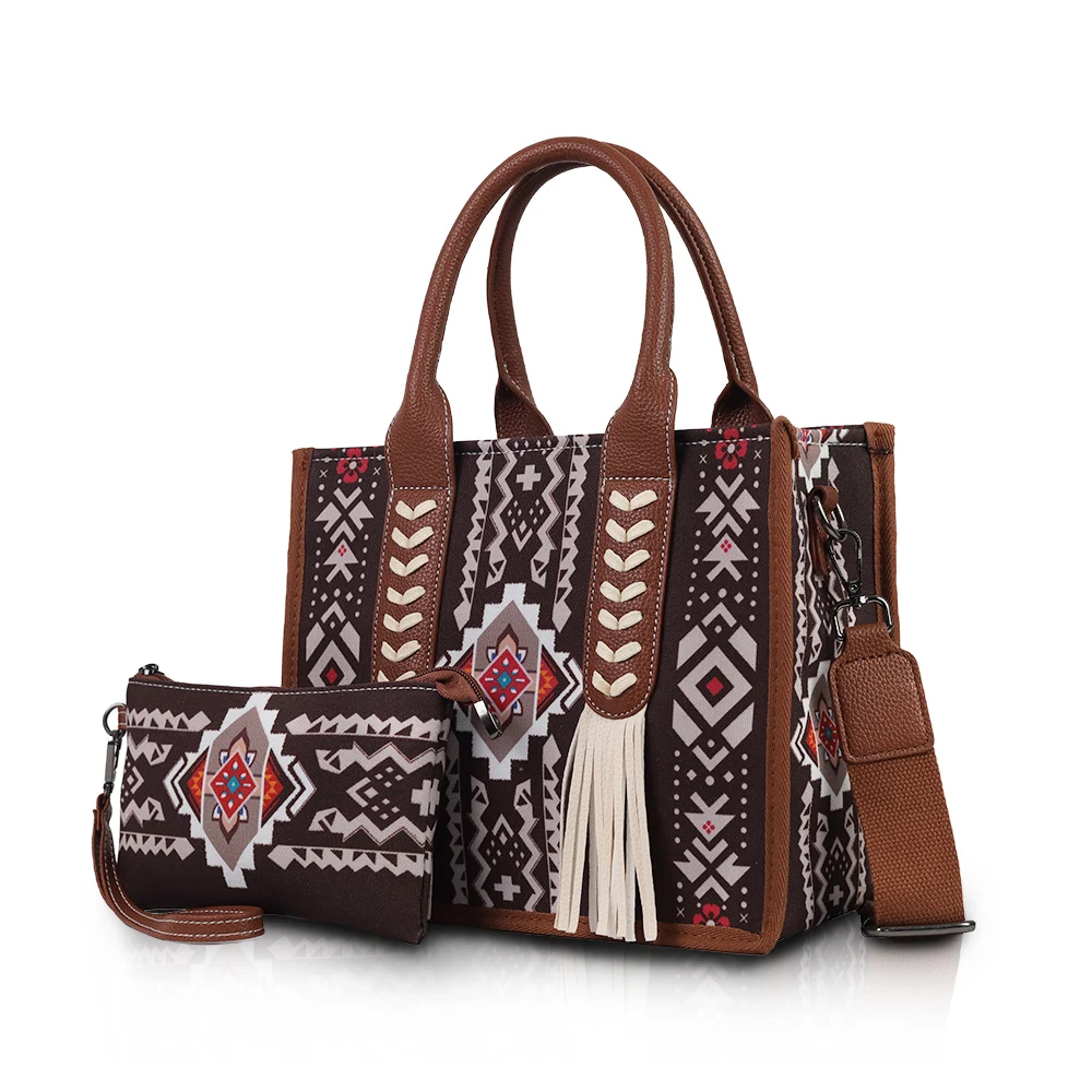 Ethnic print hand-held crossbody bag set with tassel decoration and small coin purse, suitable for daily commuting