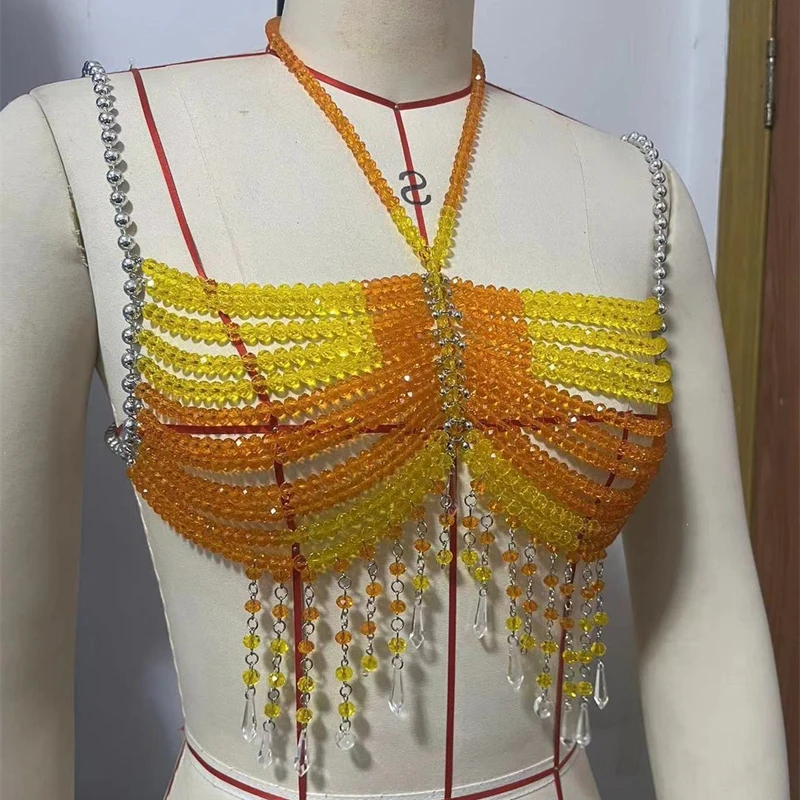 Damen-Camisole mit handgefertigten Perlen und Kristallen, Körperkette, BH, sexy Strass-Neckholder-Crop-Top für Nachtclub, Party, Festival, T-Shirt für Damen – Detail 6