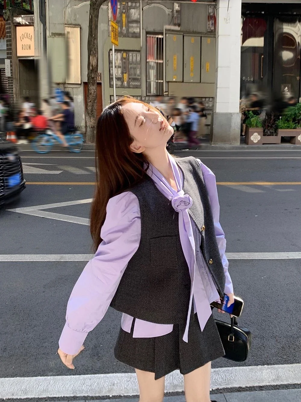 Autunno nuova camicia a maniche lunghe stile college uniforme scolastica coreana camicia viola con scollo a V gilet mezza gonna a pieghe set da tre pezzi