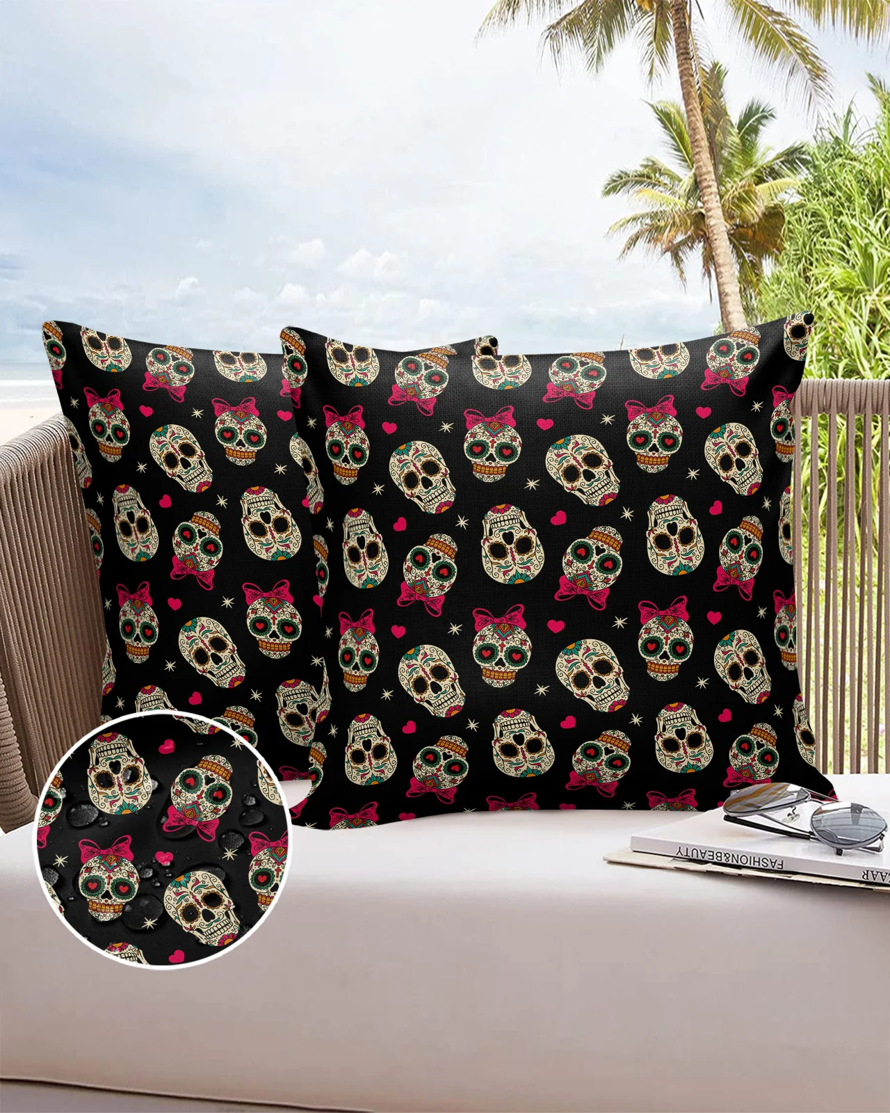 2/4PCS Outdoor Garden Chair Waterproof Cushion Cover Mexican Skull Love Black Home Decor 40/45/50/60/66cm Pillow Case