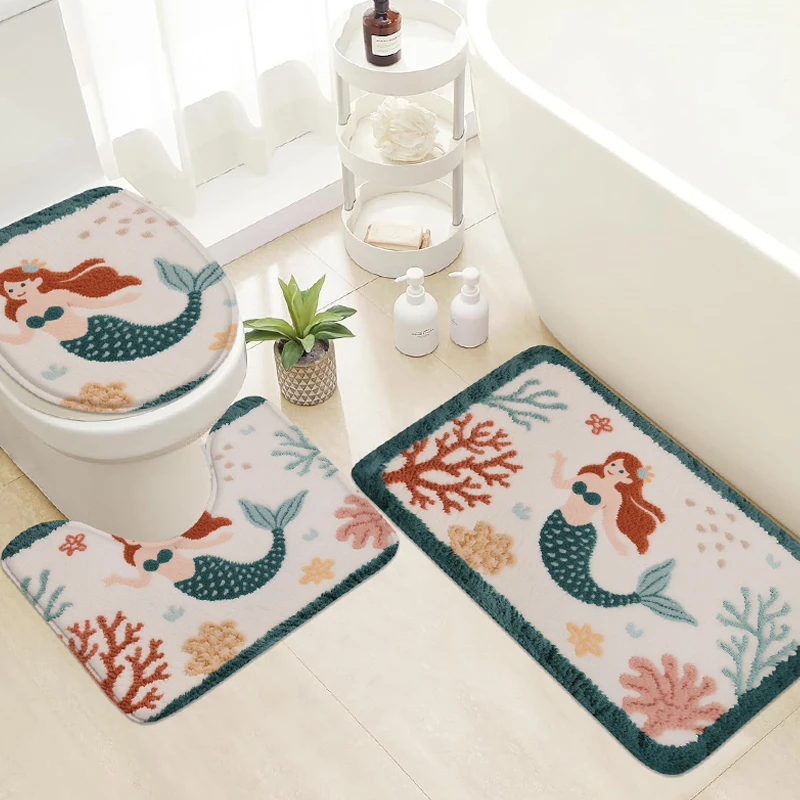 Blue Green Gradient Seawater Floor Mat Set, Bathroom Anti Slip Mat, Shower Room Small Carpet, Toilet Seat Mat, Door Mat