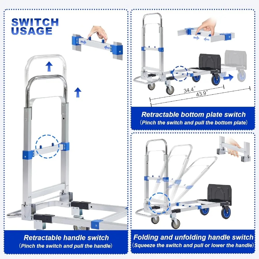 شاحنة يدوية قابلة للطي من الألومنيوم 3 في 1 بسعة 600 رطل للاستخدام في المكاتب المنزلية والمستودعات: دمية شديدة التحمل قابلة للتحويل #6