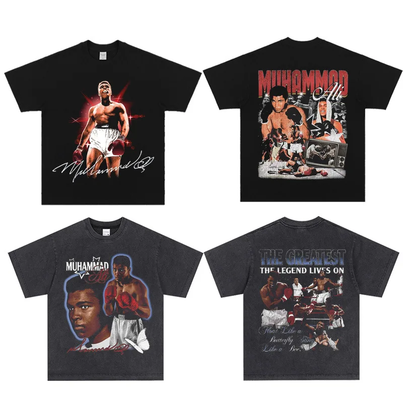 200 جرام القطن تي شيرت ريترو رياضي عادية محمد علي تحية الحجم الأوروبي الجولة الرقبة قصيرة الأكمام مطبوعة فضفاضة تي شيرت مجسم