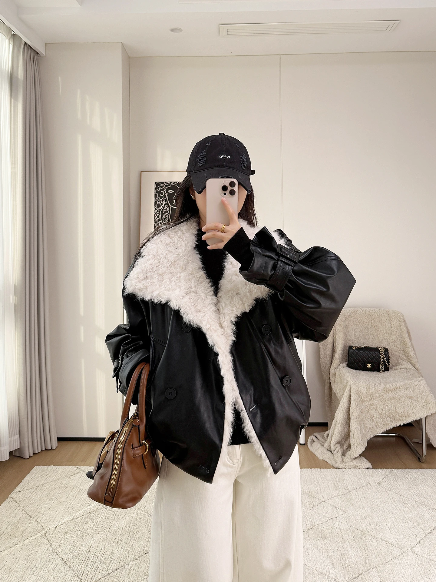 

Женская повседневная куртка из овчины свободного кроя, короткое пальто, теплое, утолщенное, из кожи и меха, с отложным воротником