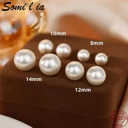 Somilia- Wholesale 8-14mm High Quality Japan Style Round White Pearl and 925 Sterling Silver Stud Earrings for Women One pair