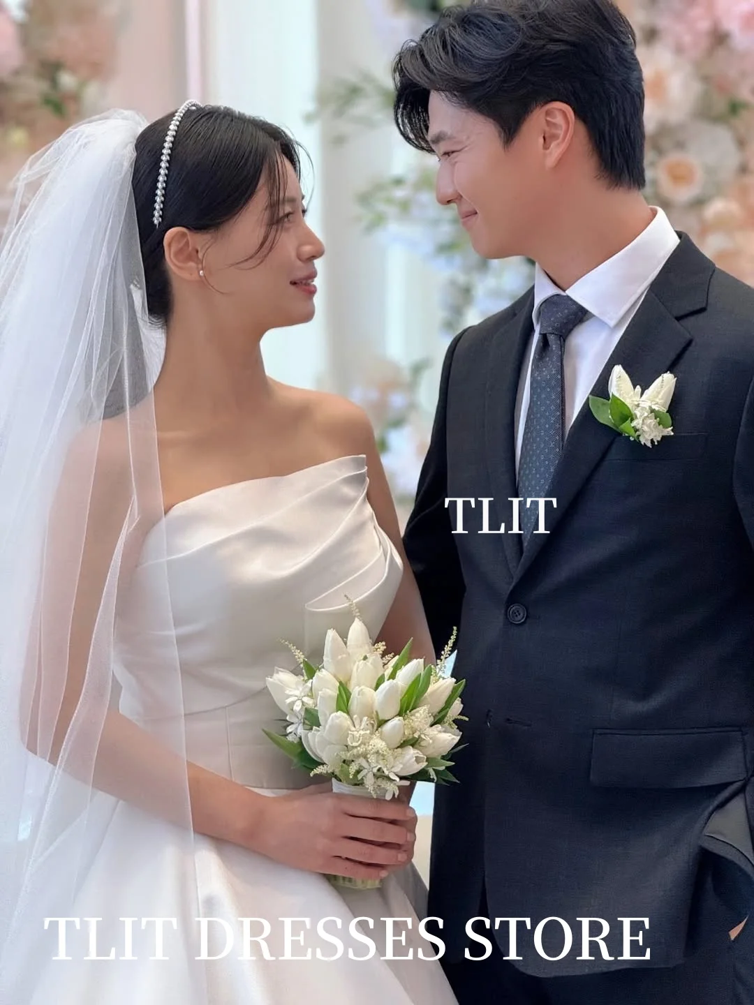 TLIT 우아한 화이트 실크 새틴 웨딩 드레스 스트랩리스 원숄더 신부 드레스 한국 웨딩 드레스 사진 촬영 맞춤 제작