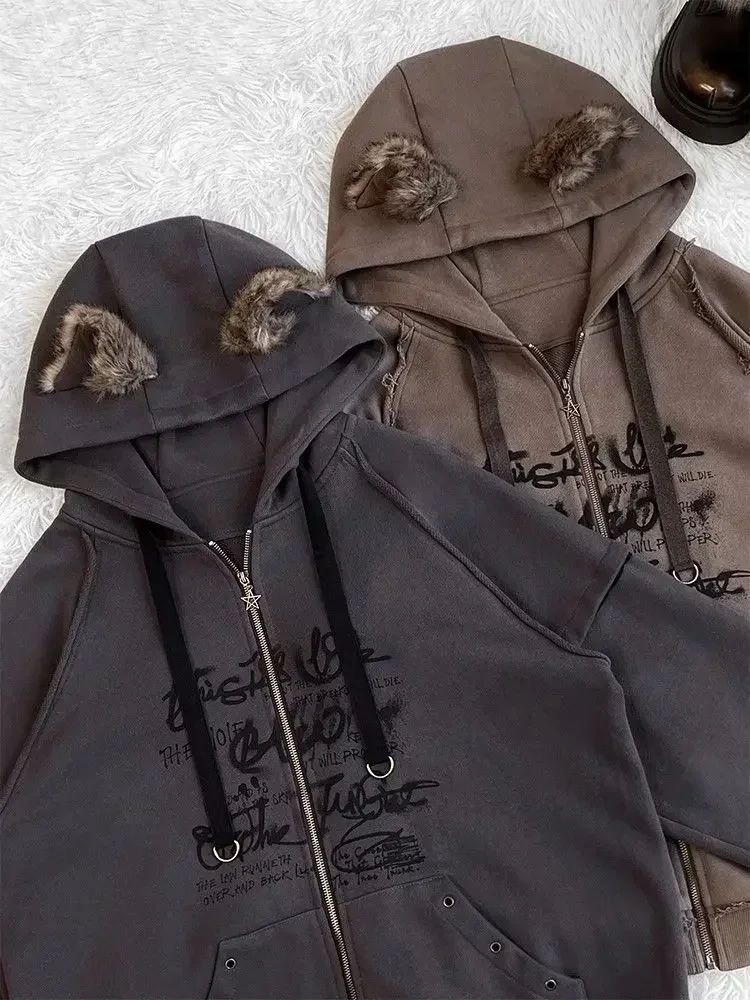 Punk Gothic Girls Cat Ears Hooded Plush Sweater Women Autumn Winter Graffiti Printed Loose Fleece Coat Hoodie Sweatshirt Jacket
