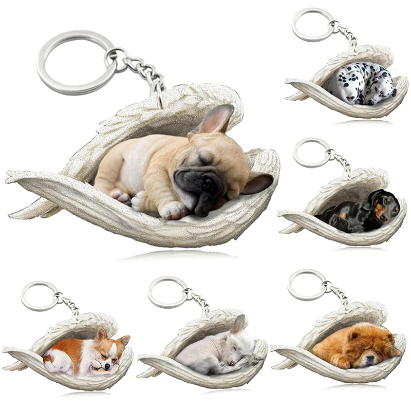 100 Style Cut Dog Sleeping Angel Pendant Bag Keychain Car Keychain Keyring Animal Pet Jewelry Boyfriend Girls Gift Accessories