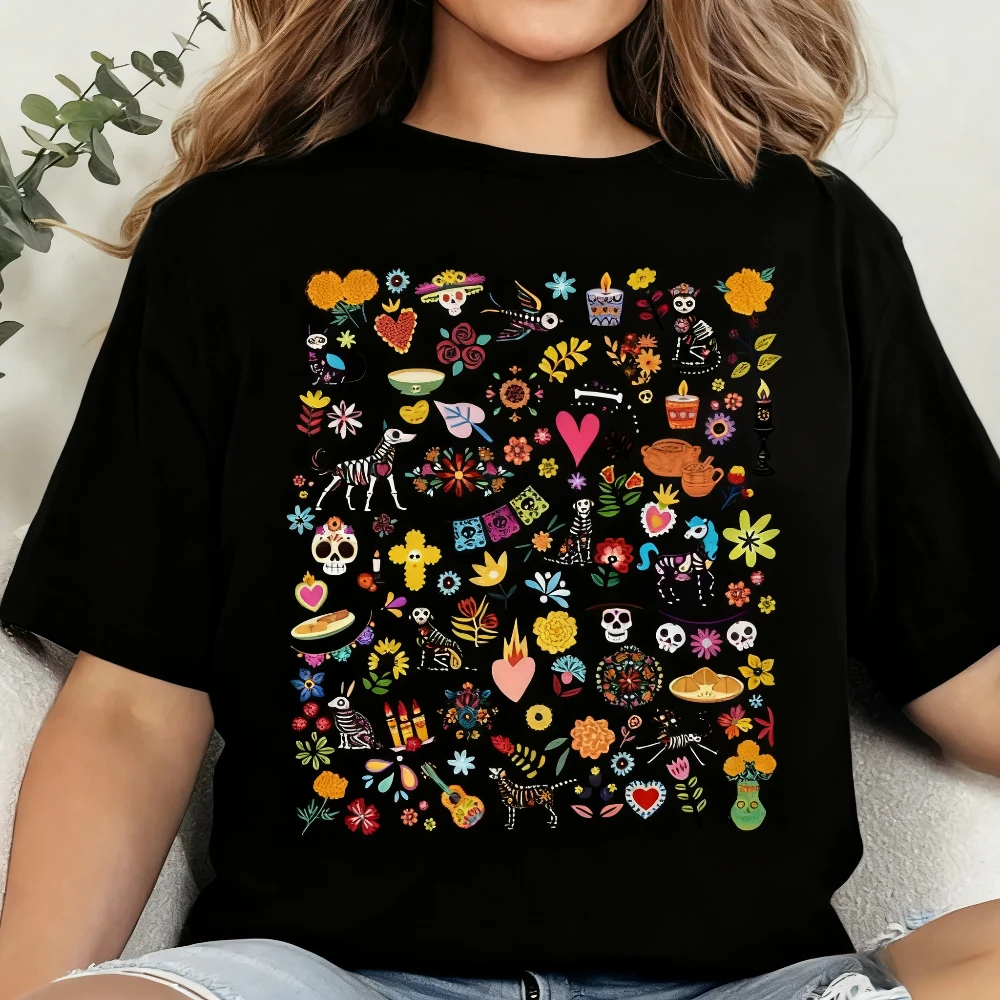 

Day of The Dead TShirt Mexican Art Flower T-Shirt Dia De Los Muertos Latina Shirt Hispanic Heritage Month Skull Women Tee Tops