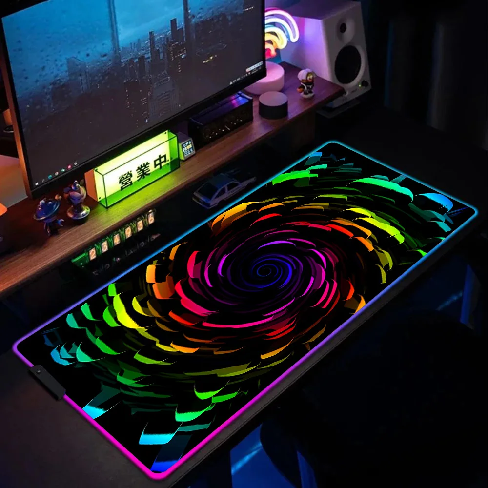 

Коврик для мыши RGB с подсветкой, спиральный радужный абстрактный рисунок, аксессуар для компьютерного стола, декор для игровой комнаты, настольный коврик