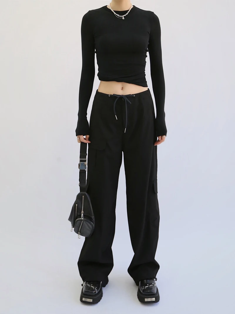 

Loose Casual Trousers Low Waist Black Workwear Hong Kong Style Women's Pants Vintage American Retro Cargo Pants Asymmetrical ...