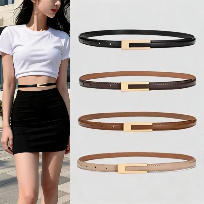 Women Korean Fashionable PU Leather Thin Waist Strap Metal Accessories Basic Belt Women Casual Porous Adjustable Fashion Belts