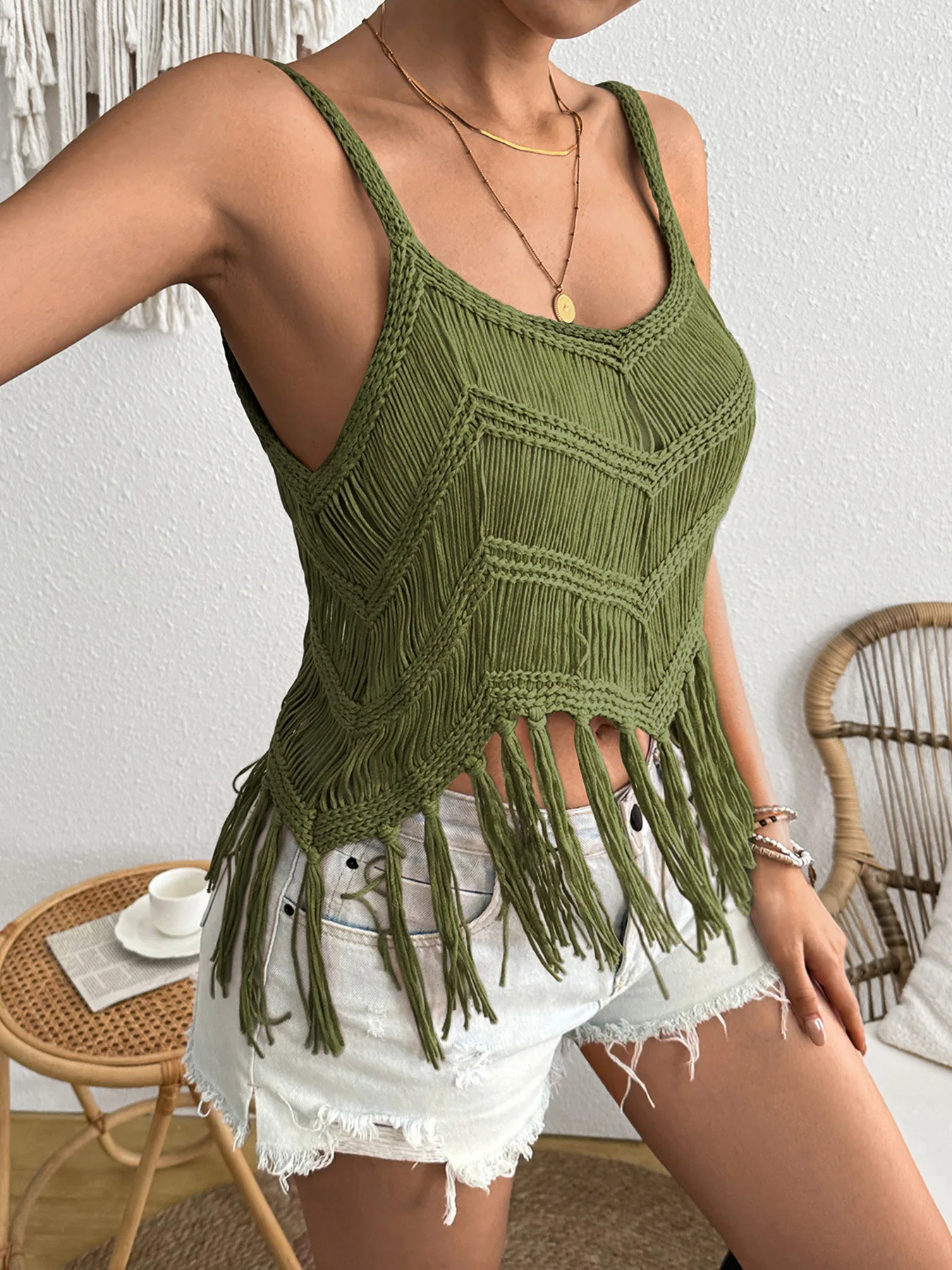 

Women's Hollow out Beach Sle Fringe Pullover Summer Svel Knitwear Single Piece 2025 Autumn Collection Tee-acetate F...