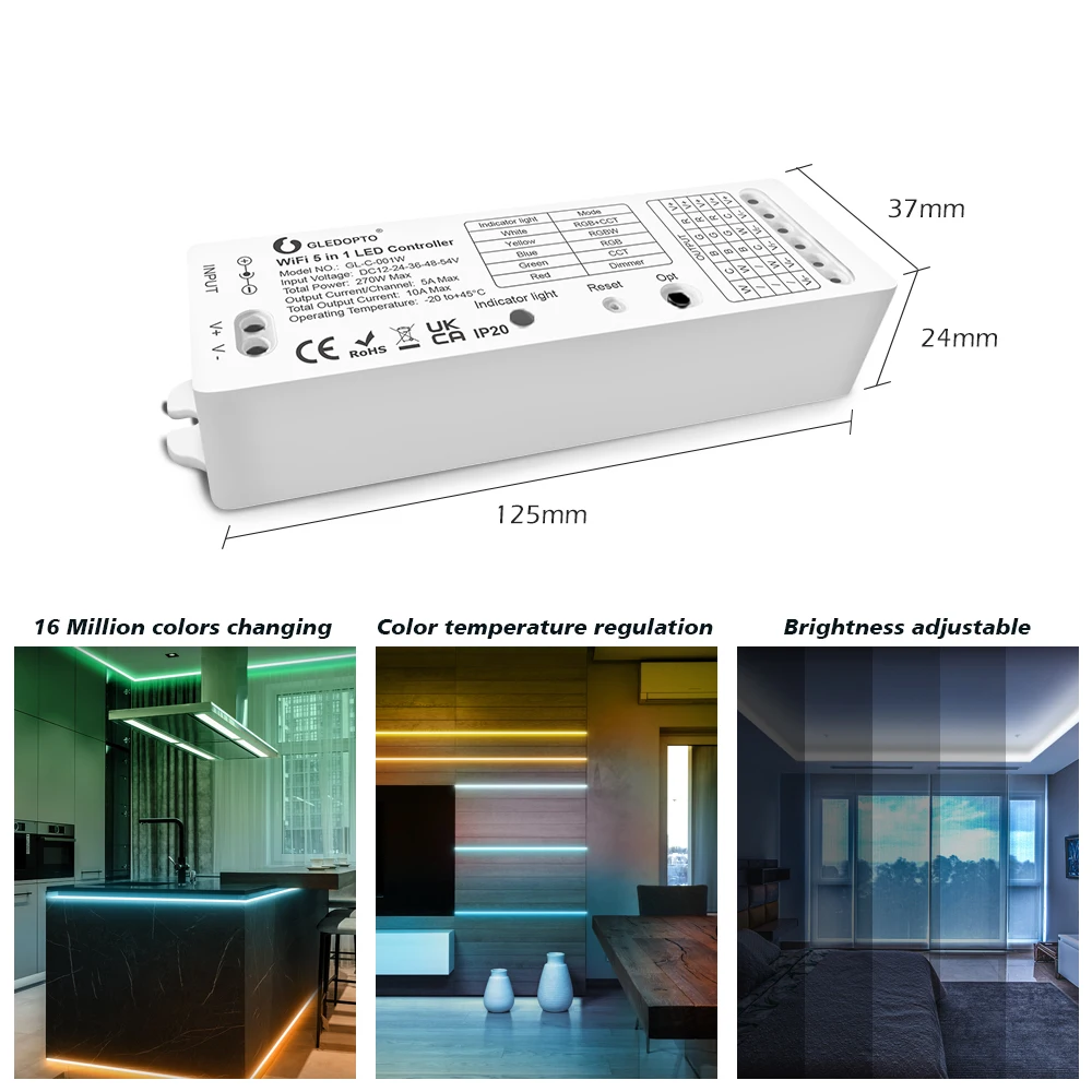 Gledopto WiFi 5 in 1 LED Controller Strip Light Work With Tuya Smart Life App Control 2.4G RF Remote Control Alexa Voice Control