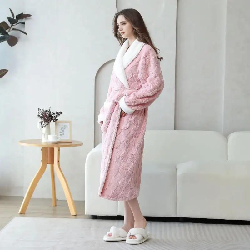 Pakaian rumah wanita jubah Jacquard baju tidur flanel tebal baju tidur Kimono panjang dengan saku jubah mandi wanita baju tidur