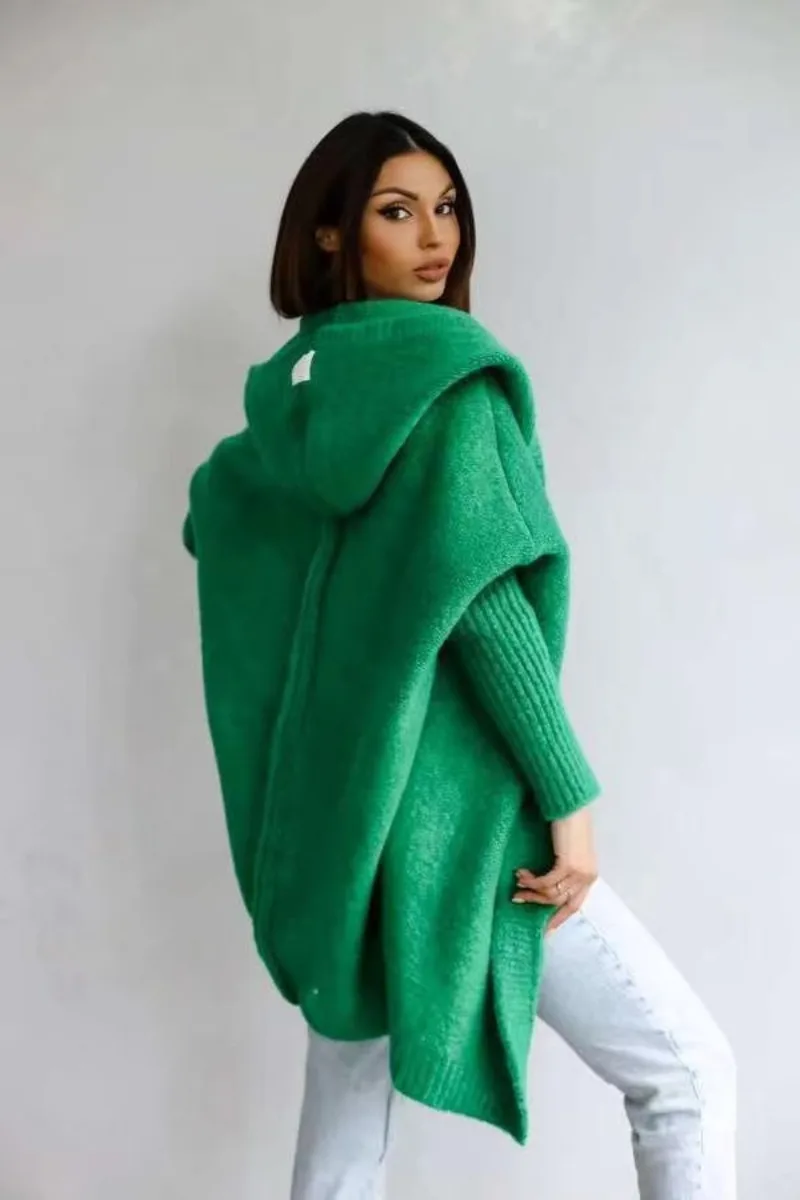 2024 Autumn Winter Cozy Chic Hooded Cardigan Women\'s Casual Knit Sweater Coat Elegant Batwing Sleeve Pocket Long Jacket Jumpers