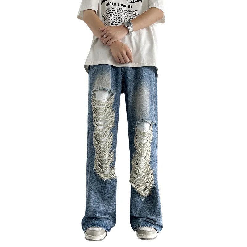 Holes Jean Men Full Length Wide Leg Jeans Ripped Denim Washed Pants High Waist Distressed Casual Pockets Zipper Fly Autumn
