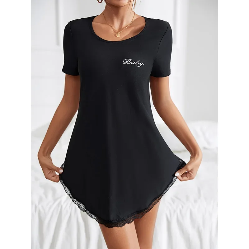 

Women's Pajamas Summer 2025 New Round Neck Thin T-shirt Version Lace Splicing Simple Casual Home Clothes Nightgown
