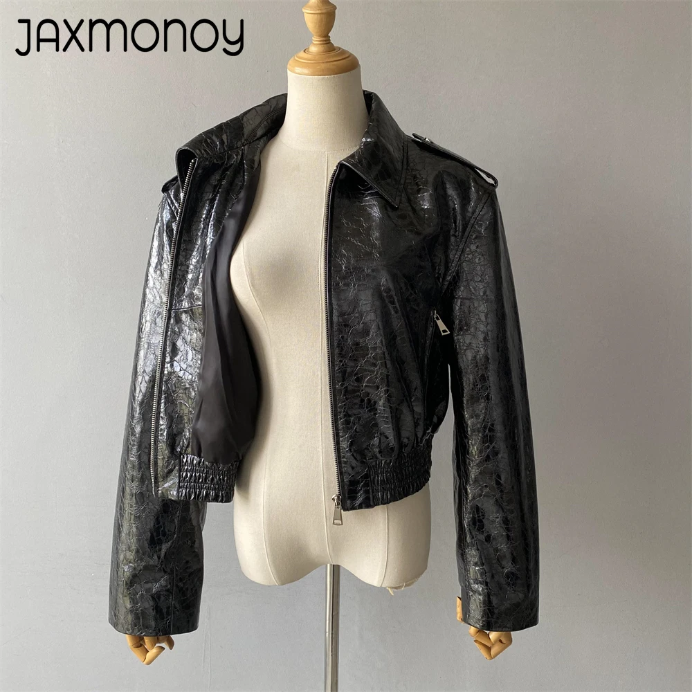 Jaxmonoy Sheepskin Coat for Women Fall Fahion Real Leather Jacket Ladies High Quality Genuine Leather Cropped Coats New Arrival