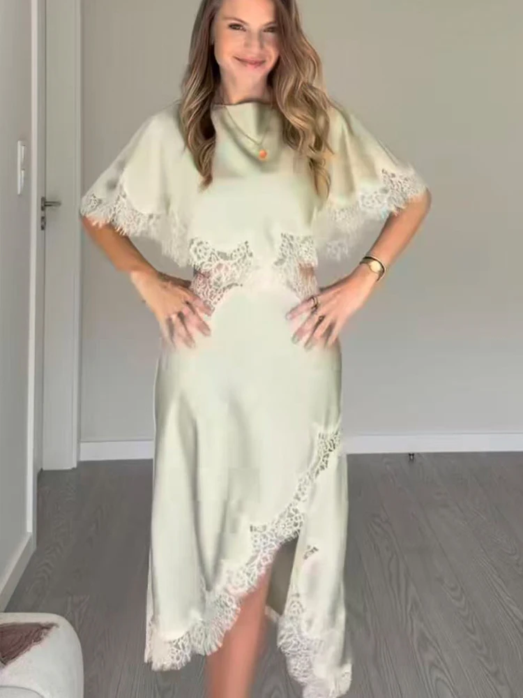Nouvelles robes sexy pour femmes, robes mi-longues asymétriques à découpes, en dentelle unie, avec manches courtes en cape, robes de soirée élégantes pour femmes, été