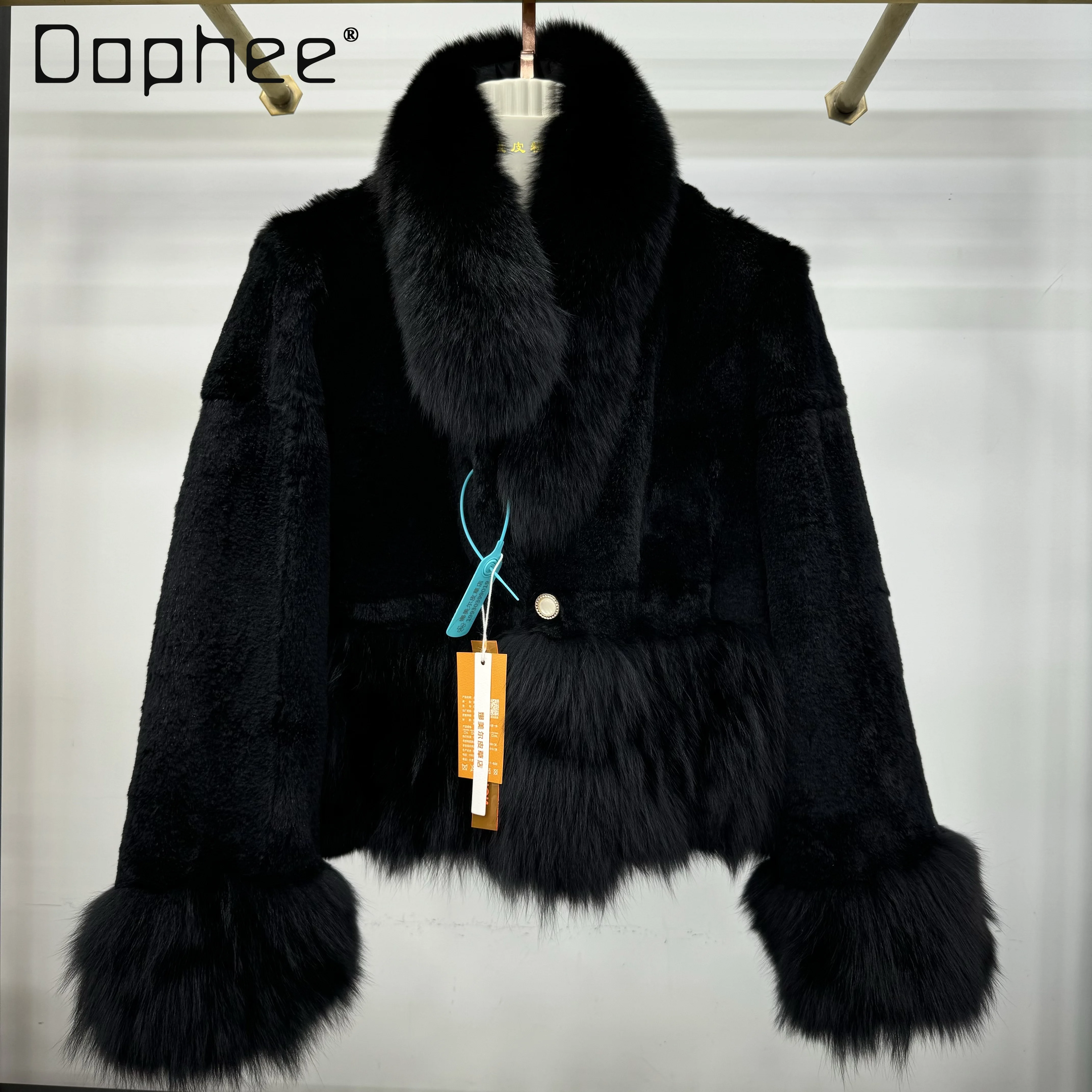 Rex Rabbit Coats with Fox Fur Collar Long Sleeve Round Neck Single Breasted Short Jacket Black 2024 Winter New Fashion