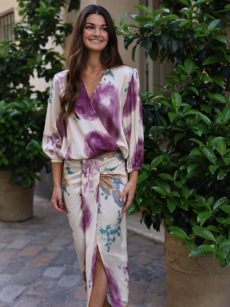 

Women Elegant Printing Skirt Suit Casual V Neck Full Sleeve Lace Up Side Slit High Waist Slim 2-piece Set 2025 New Summer Outfit